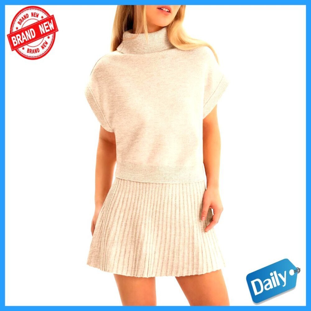 Medium Polyester Blend Turtleneck Crop Top Pleated Skirt Set